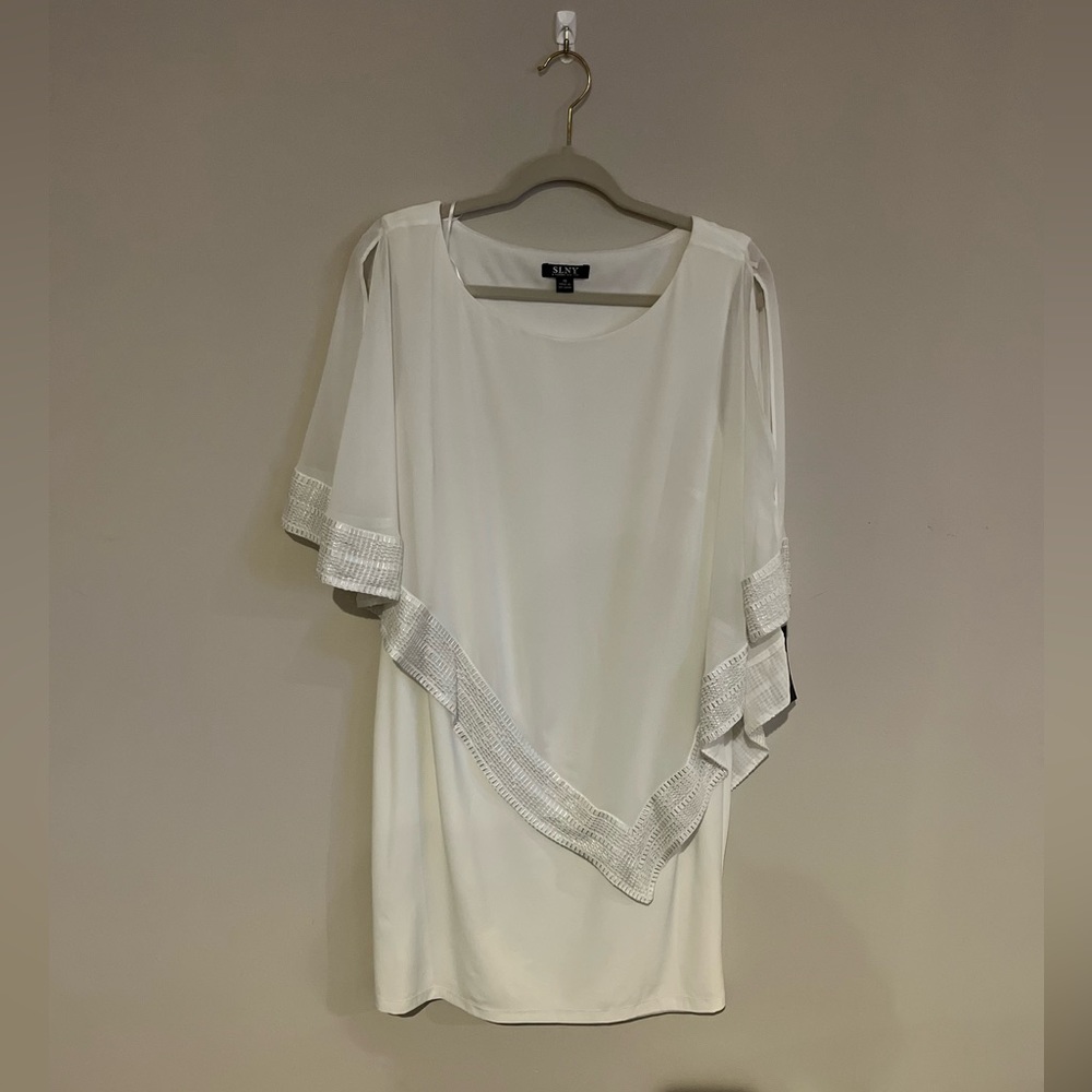 SLNY Metallic Trim Capelet Sheath Dress. Size 16. White/Silver
